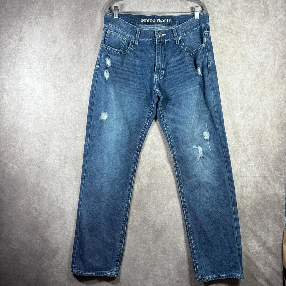 Indigo People Jeans Mens Size 34X34 Blue Dark Wash Denim Distressed Straight